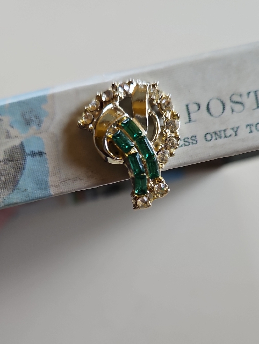 Silver Tone Earrings with Green Baguette Stones and Clear Rhinestones Screw On - Picture 4 of 5